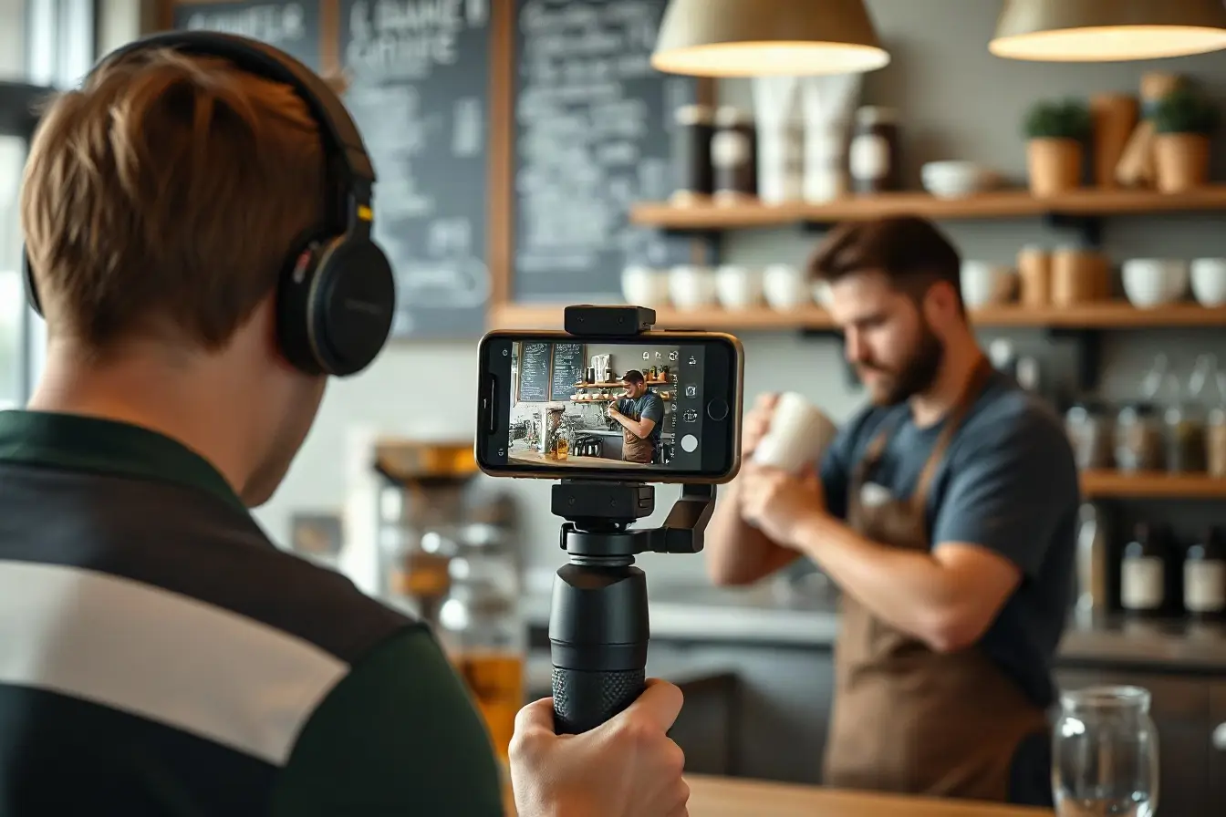 Videographer filming a barista for vertical social video