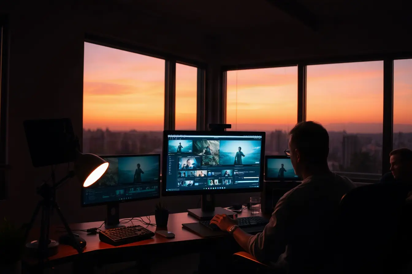 Vertical video editing suite at dusk