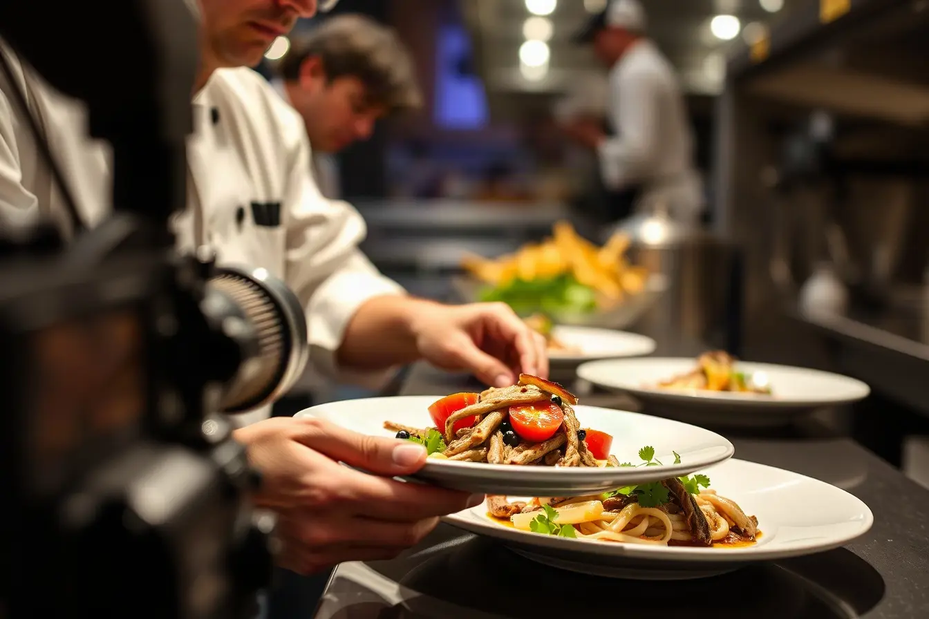 Chef plating a dish while a videographer films a close-up